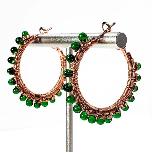 Artisan Green & Copper Wire Wrapped Hoop Earrings - Picture 6 of 7